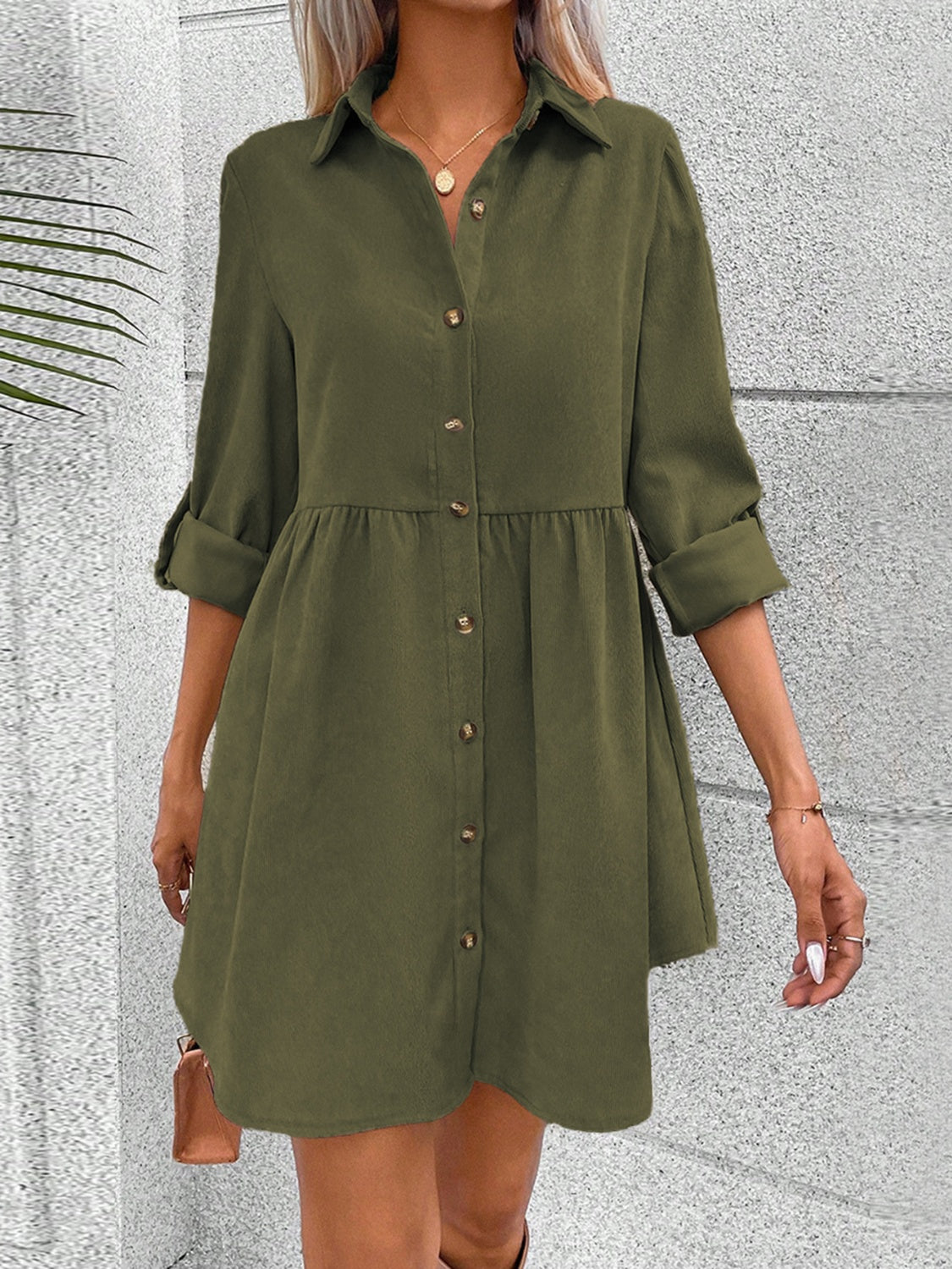 Button Up Collared Neck Long Sleeve Dress Dress Krazy Heart Designs Boutique Army Green S 