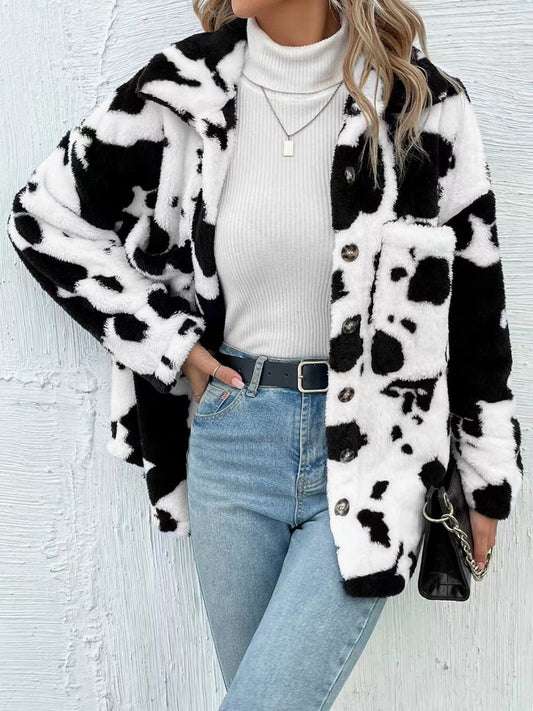 Cow Print Collared Neck Button Up Fuzzy Jacket (2 Color Styles) Jacket Krazy Heart Designs Boutique White S 