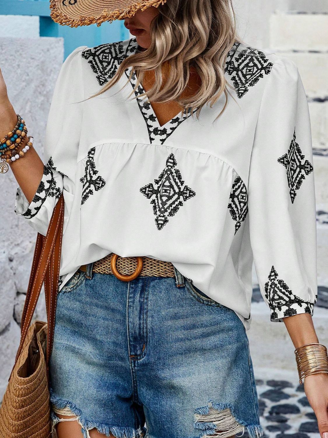 Printed V-Neck Three-Quarter Sleeve Blouse (6 Colors) Shirts & Tops Krazy Heart Designs Boutique White S 