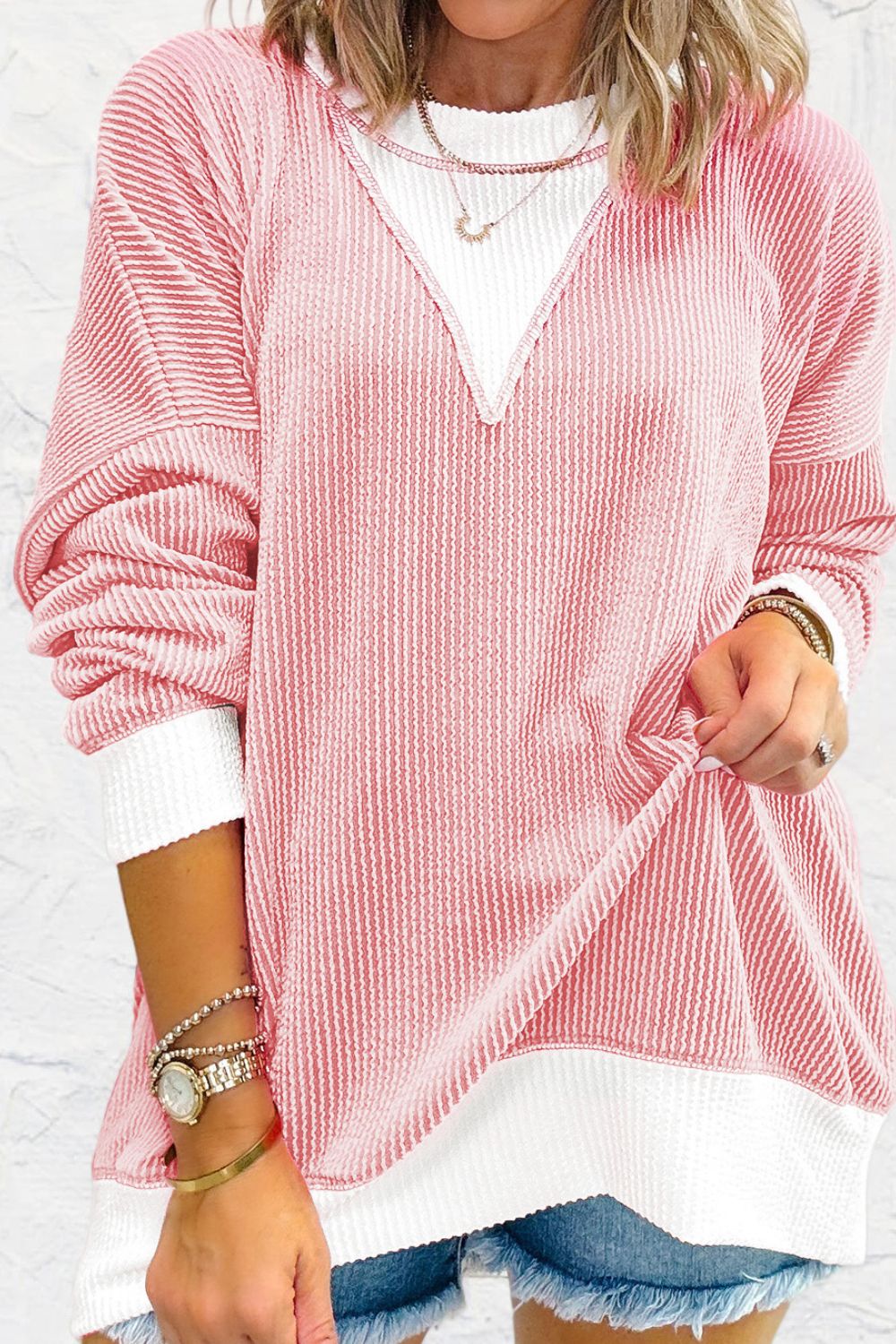 Blush Pink Ribbed Long Sleeve Sweatshirt Shirts & Tops Krazy Heart Designs Boutique