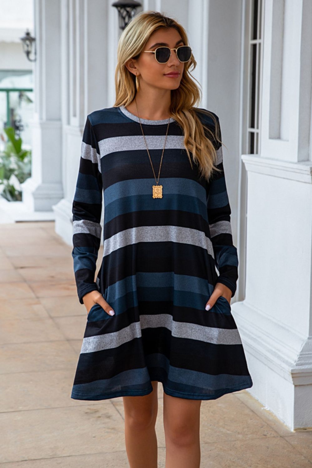 Striped Round Neck Long Sleeve Dress (4 Colors) Dress Krazy Heart Designs Boutique   