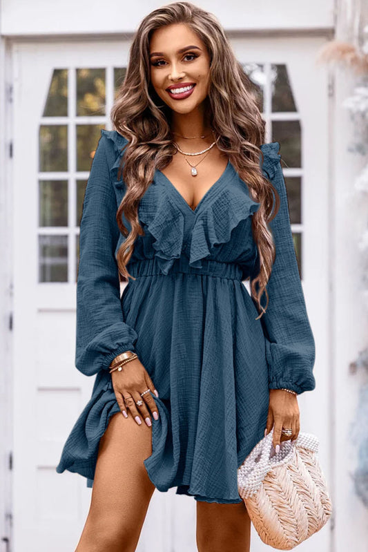 Ruffle Trim V-Neck Long Sleeve Mini Dress (2 Colors) Dress Krazy Heart Designs Boutique Dark Blue S 