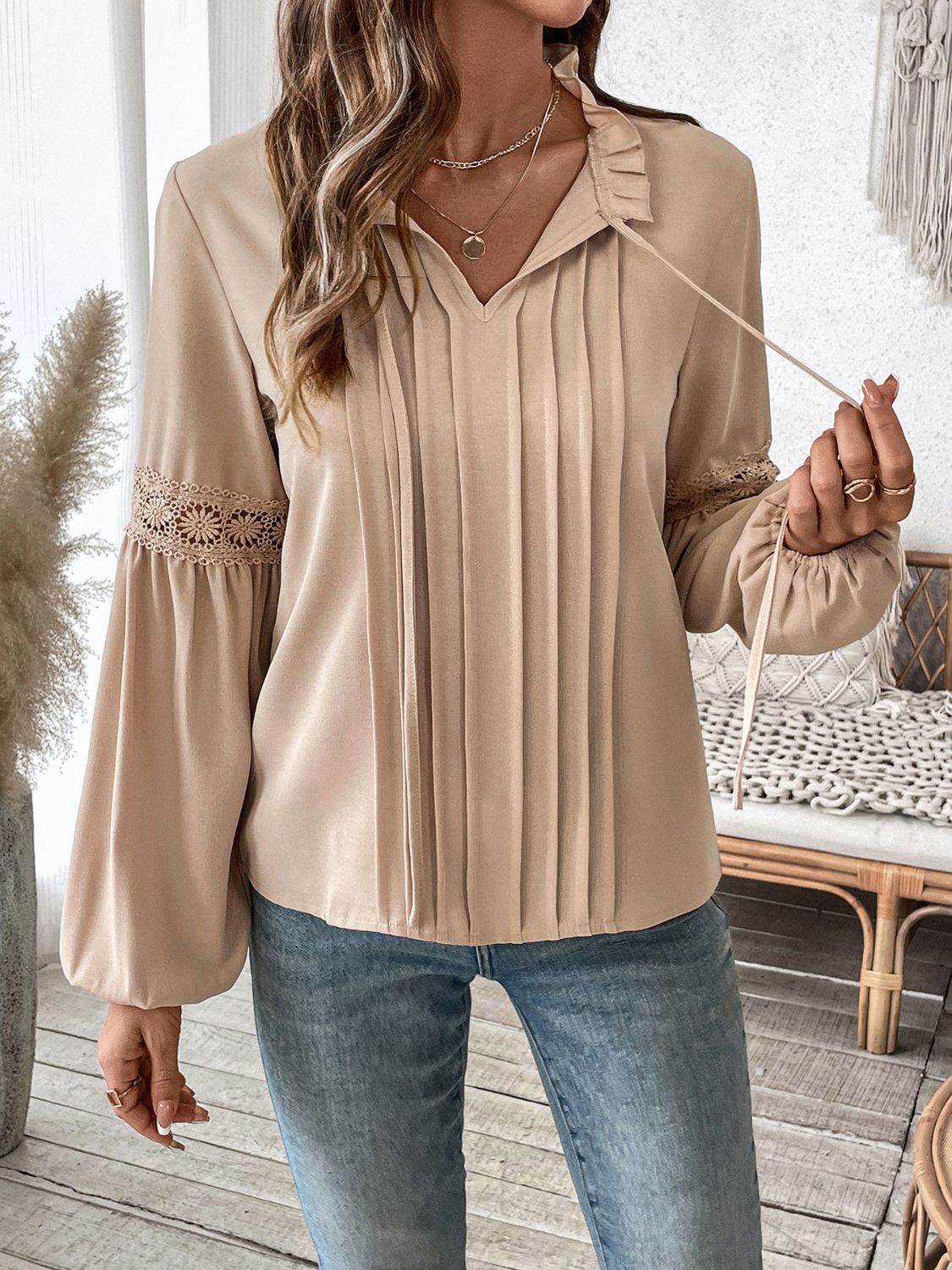 Perfee Frill Tie Neck Long Sleeve Blouse Shirts & Tops Krazy Heart Designs Boutique   