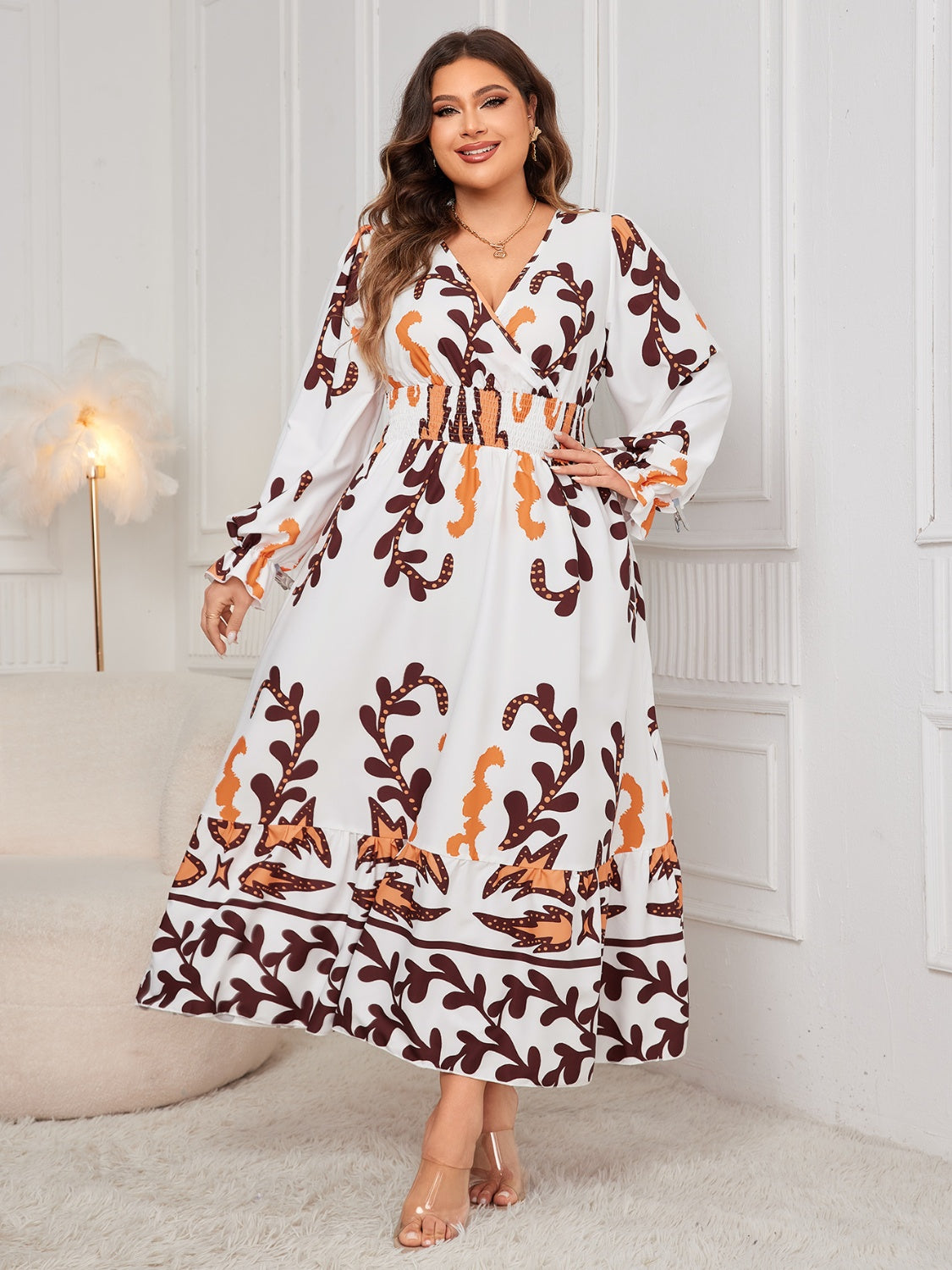 Honey Plus Size Printed Surplice Flounce Sleeve Dress Dress Krazy Heart Designs Boutique   