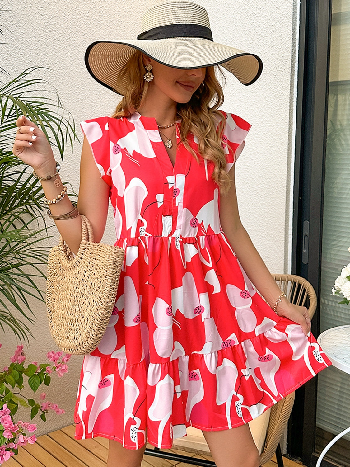 Printed Notched Cap Sleeve Dress Dress Krazy Heart Designs Boutique Hot Pink S 