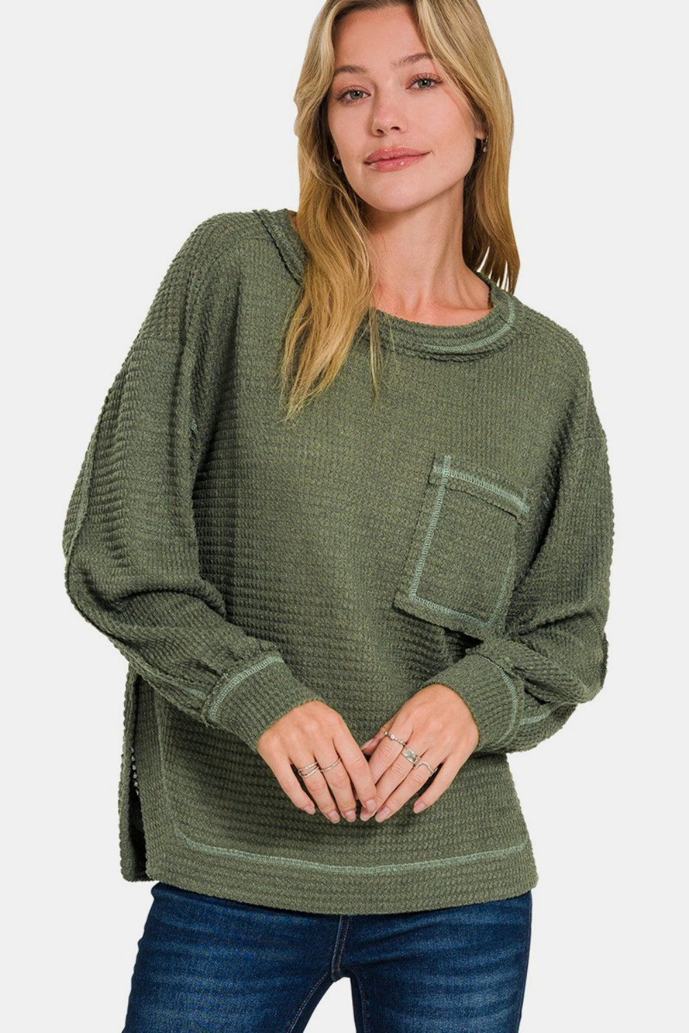 Zenana Exposed Seam Side Slit Long Sleeve Top Shirts & Tops Krazy Heart Designs Boutique Dk Olive S/M 