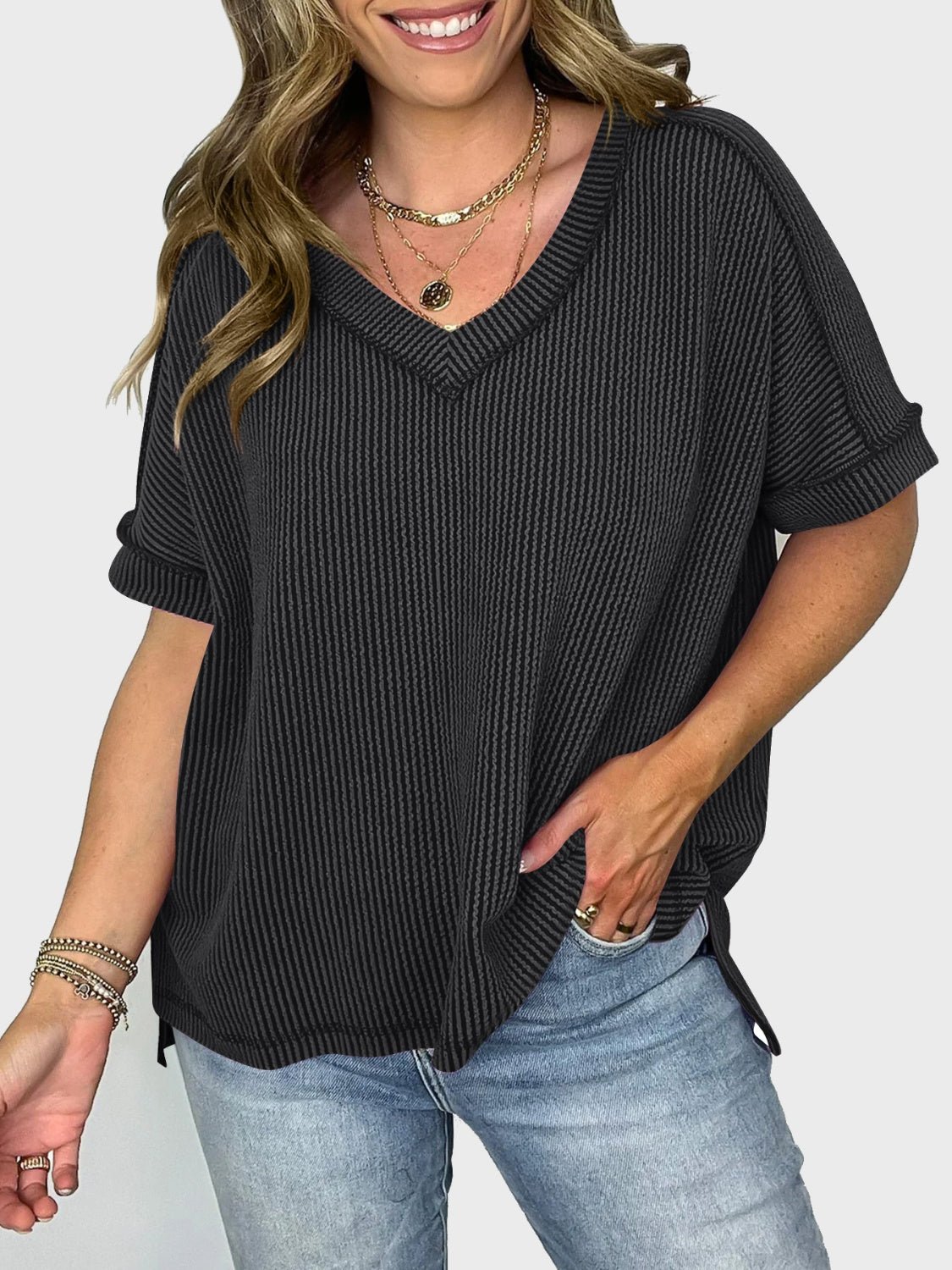 Lovelet Texture V-Neck Half Sleeve Top (5 Colors) Shirts & Tops Krazy Heart Designs Boutique   