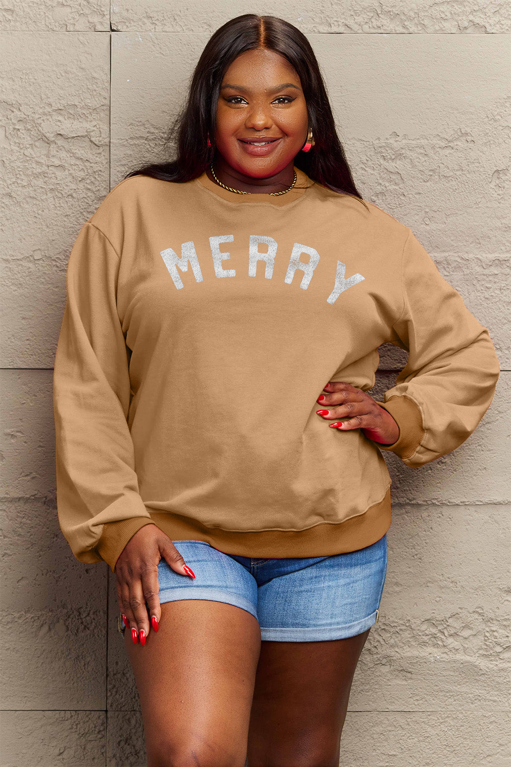 Simply Love Full Size MERRY Graphic Sweatshirt (4 Colors) Shirts & Tops Krazy Heart Designs Boutique Mocha S 