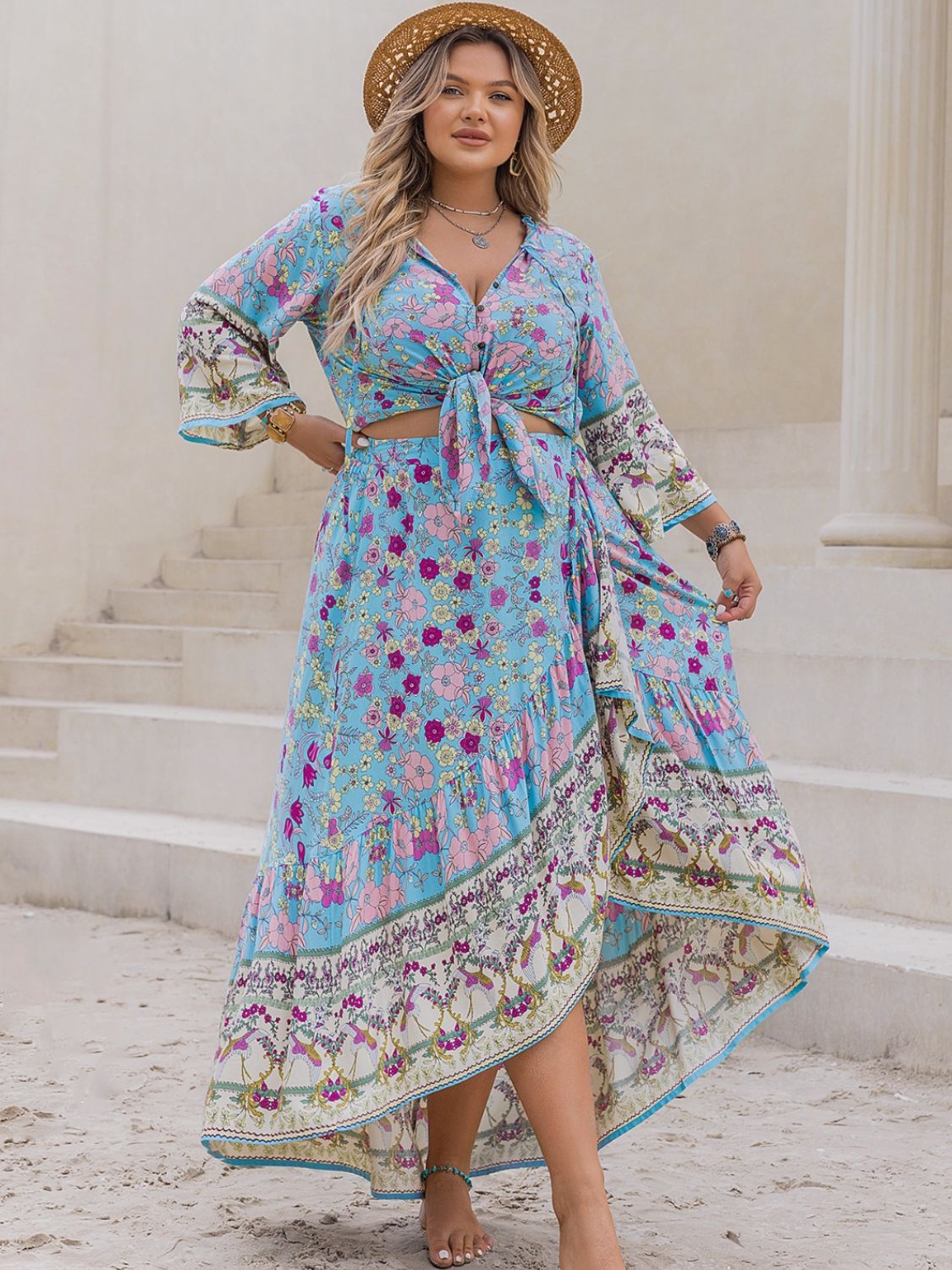 Plus Size Printed Tie Neck Top and Skirt Set Dress Krazy Heart Designs Boutique Light Blue 0XL 