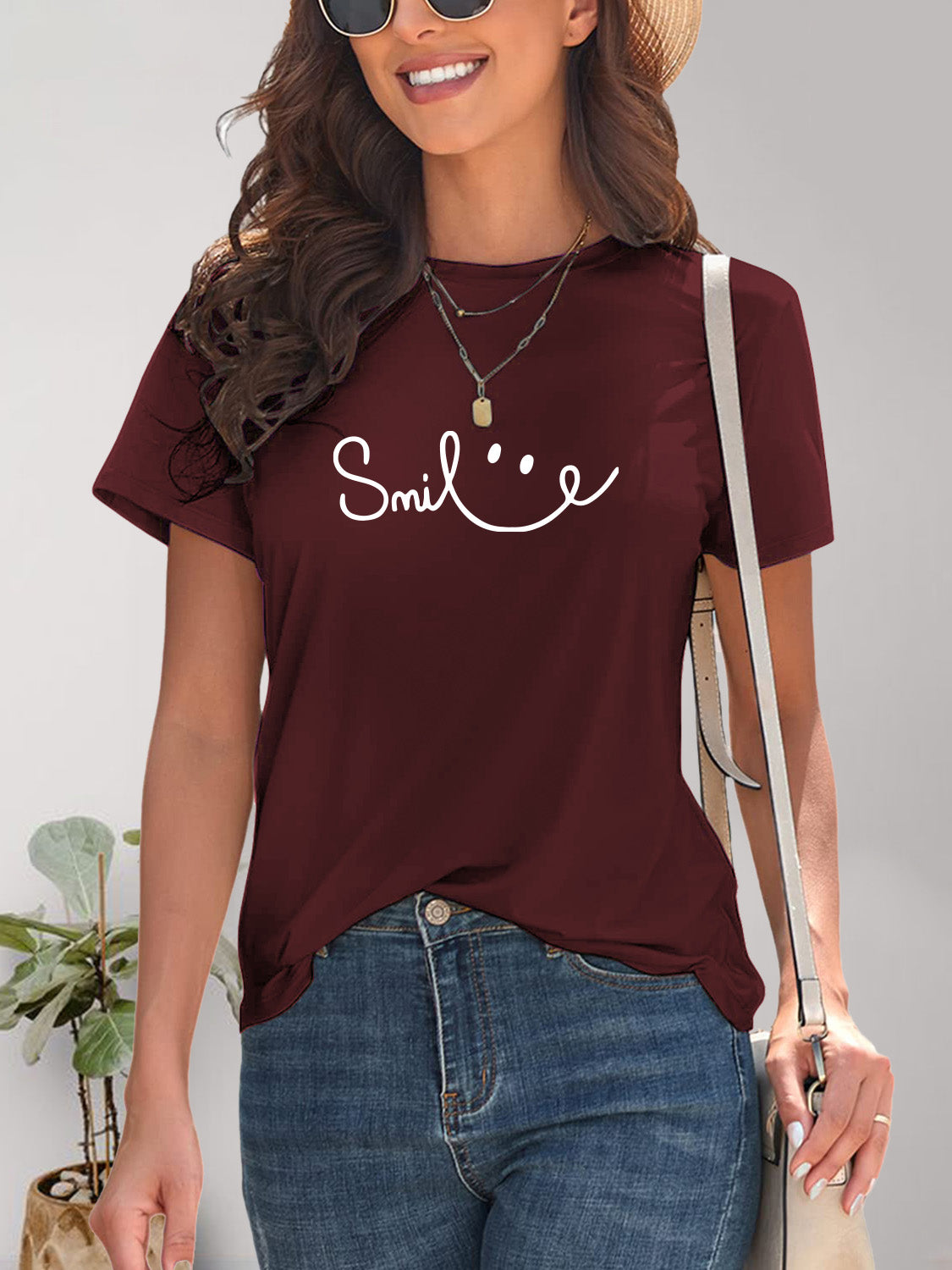 SMILE Round Neck Short Sleeve Tee (7 Colors) T-Shirt Krazy Heart Designs Boutique Burgundy S 