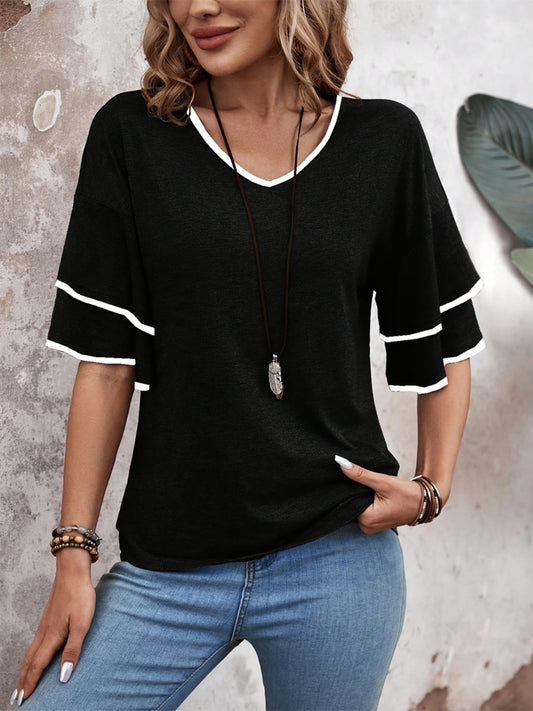 Contrast Trim V-Neck Half Sleeve Blouse Shirts & Tops Krazy Heart Designs Boutique Black S 