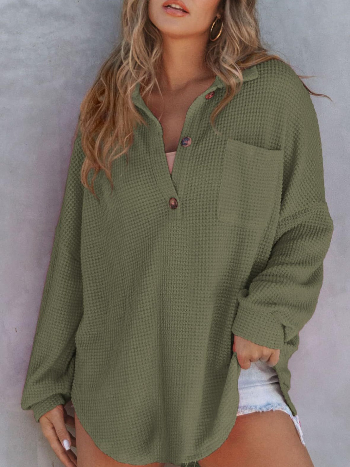 Waffle-Knit Dropped Shoulder Long Sleeve Sweatshirt (5 Colors) Shirts & Tops Krazy Heart Designs Boutique Army Green S 