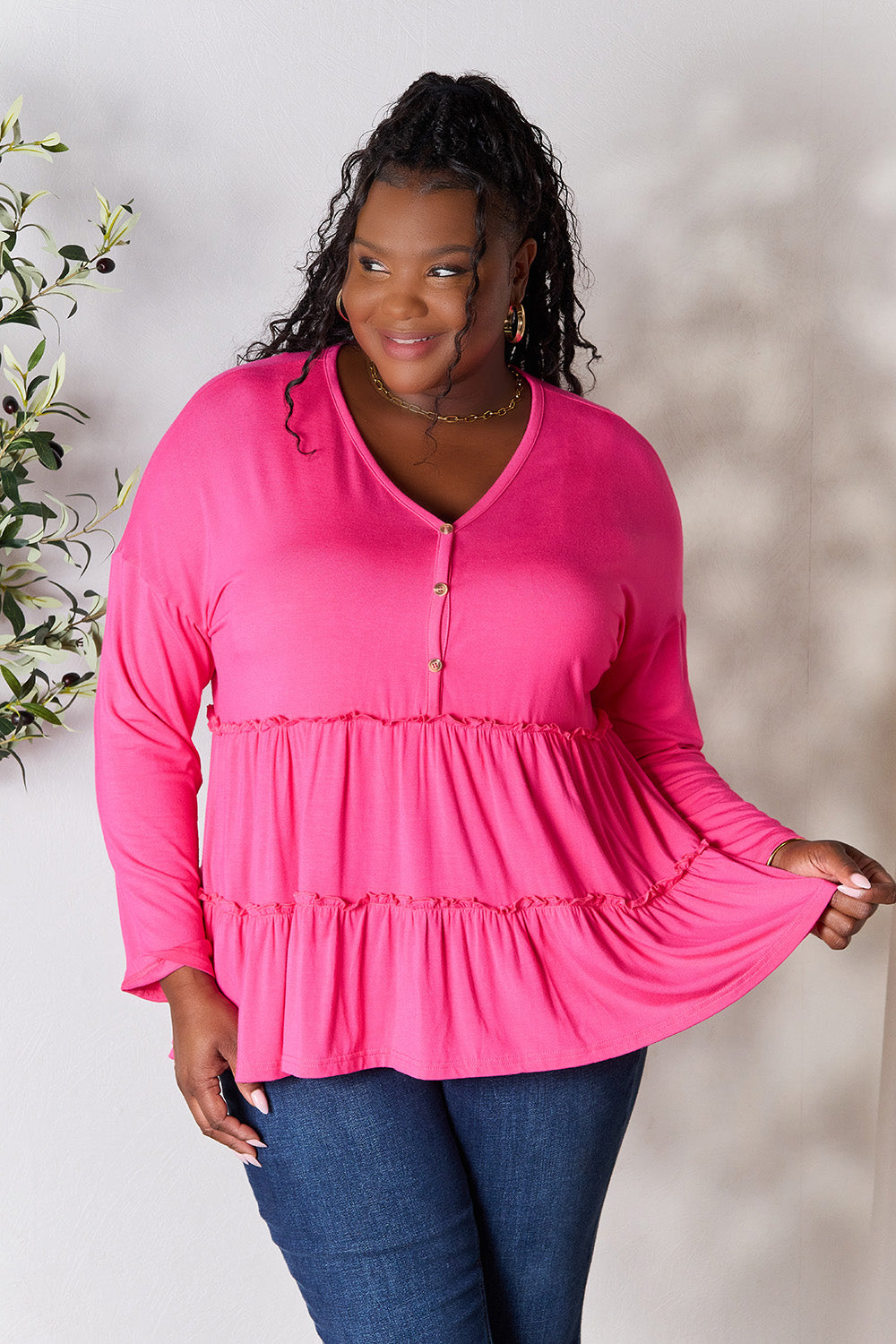 Double Take Half Button Long Sleeve Ruffle Hem Blouse (7 Colors) Shirts & Tops Krazy Heart Designs Boutique Hot Pink S 