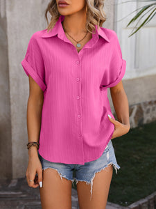 Textured Button Up Cap Sleeve Shirt (6 Colors) Shirts & Tops Krazy Heart Designs Boutique Fuchsia Pink S 