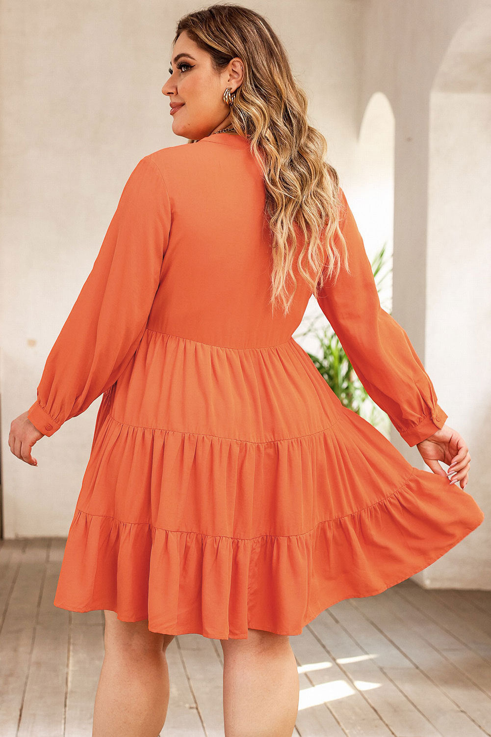 Plus Size Notched Neck Printed Long Sleeve Mini Dress Dress Krazy Heart Designs Boutique   
