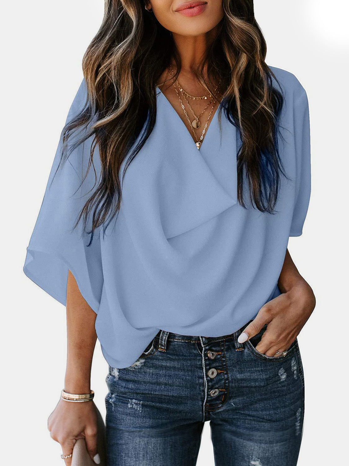 Full Size Cowl Neck Three-Quarter Sleeve Blouse (7 Colors) Shirts & Tops Krazy Heart Designs Boutique Light Blue S 