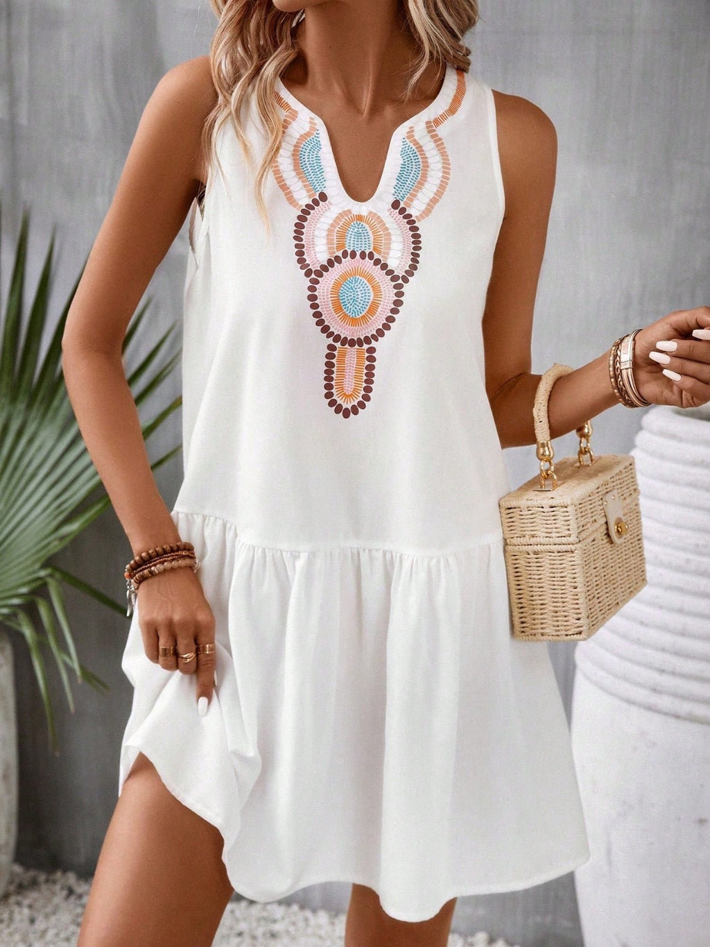 Printed Sleeveless Mini Dress Dress Krazy Heart Designs Boutique White S 