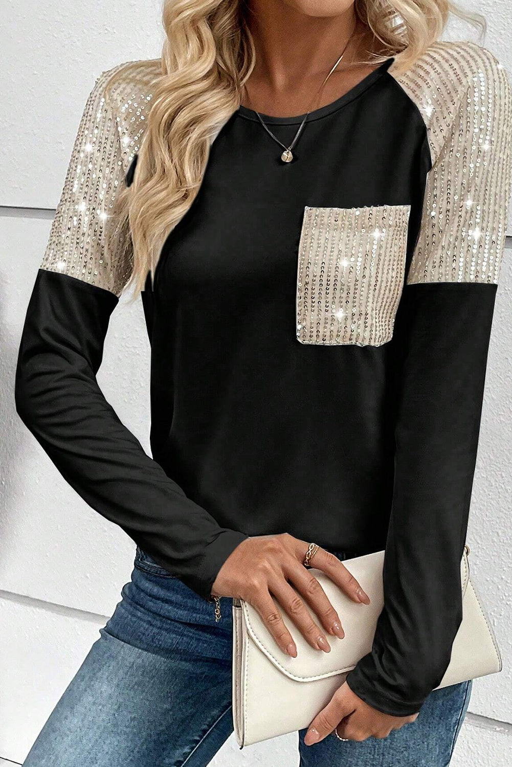 Sequin Round Neck Long Sleeve Top (2 Colors) Shirts & Tops Krazy Heart Designs Boutique Black S 