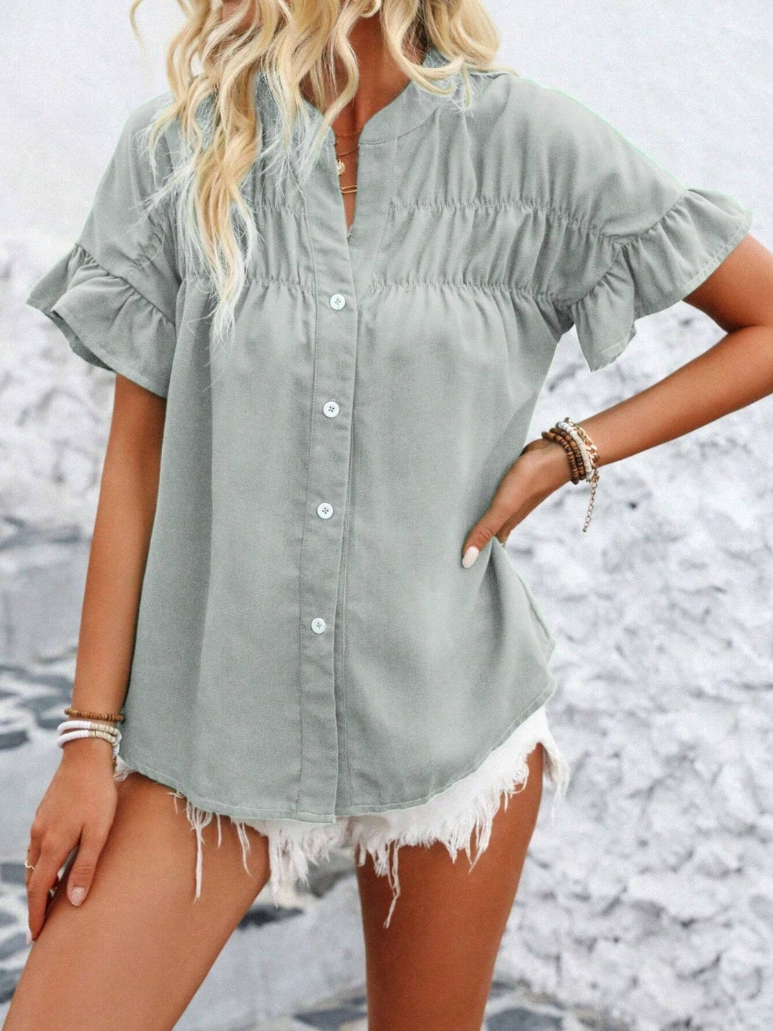 Button Down Ruffled Short Sleeve Shirt (7 Colors) Shirts & Tops Krazy Heart Designs Boutique