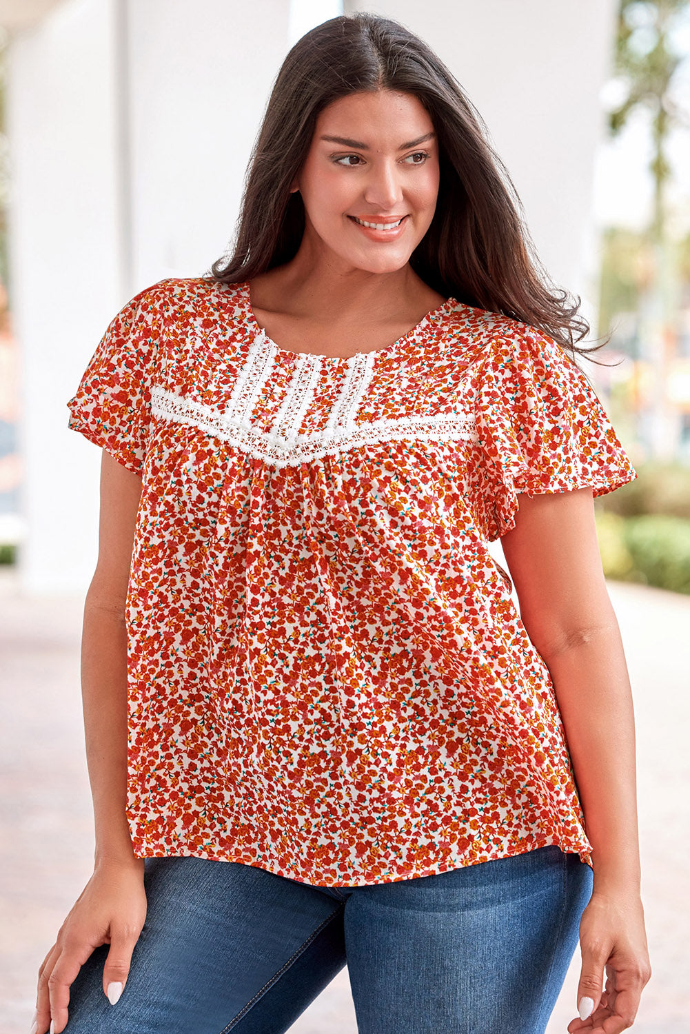 Plus Size Floral Lace Trim Round Neck Blouse Shirts & Tops Krazy Heart Designs Boutique   