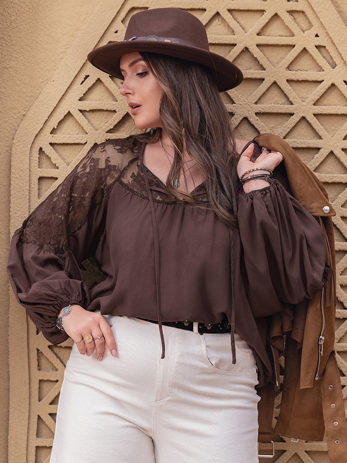 Plus Size Lace Detail Tie Neck Long Sleeve Blouse Shirts & Tops Krazy Heart Designs Boutique   