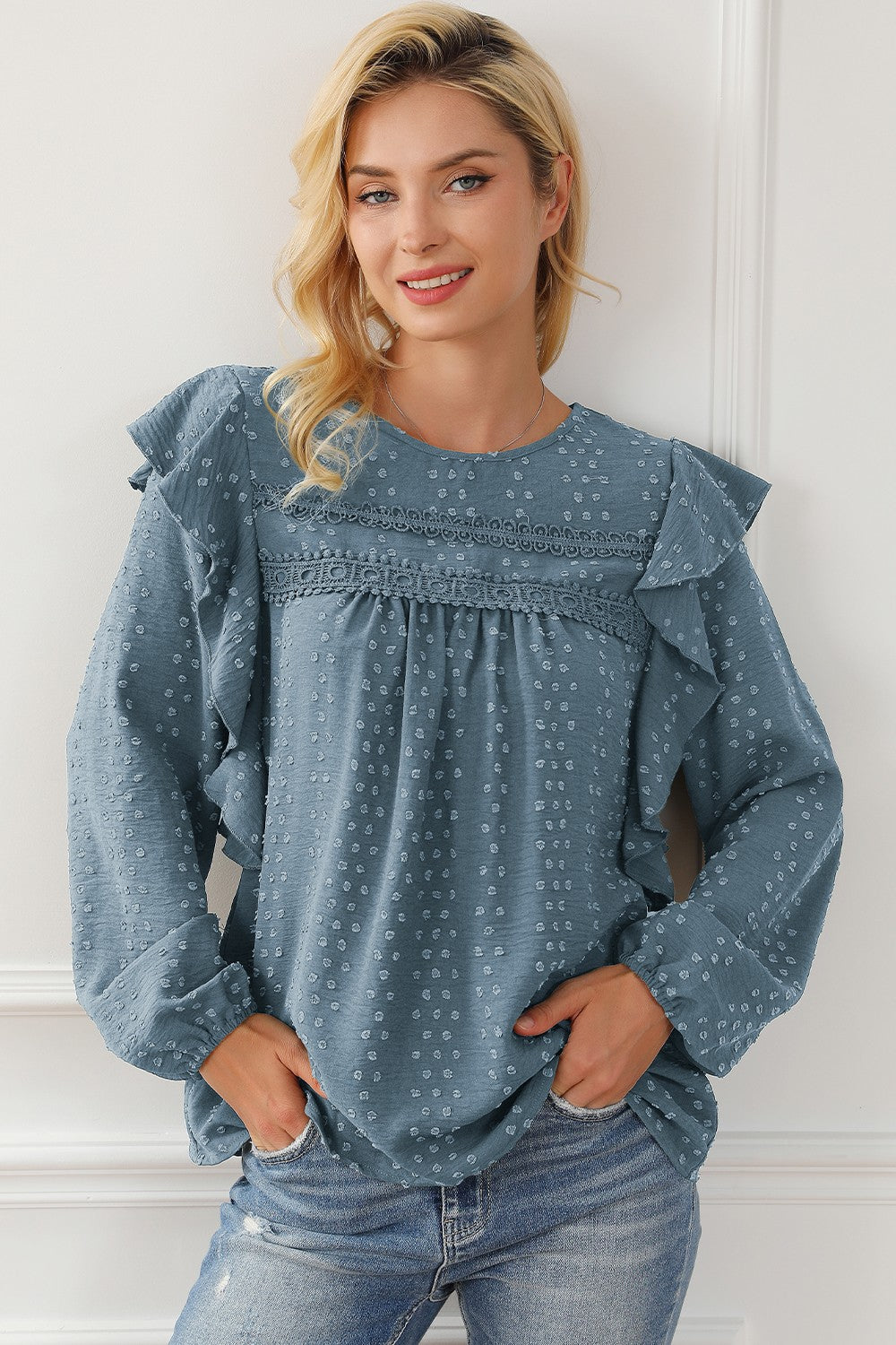 Round Neck Ruffled Blouse (2 Colors)  Krazy Heart Designs Boutique Air Force Blue XL 