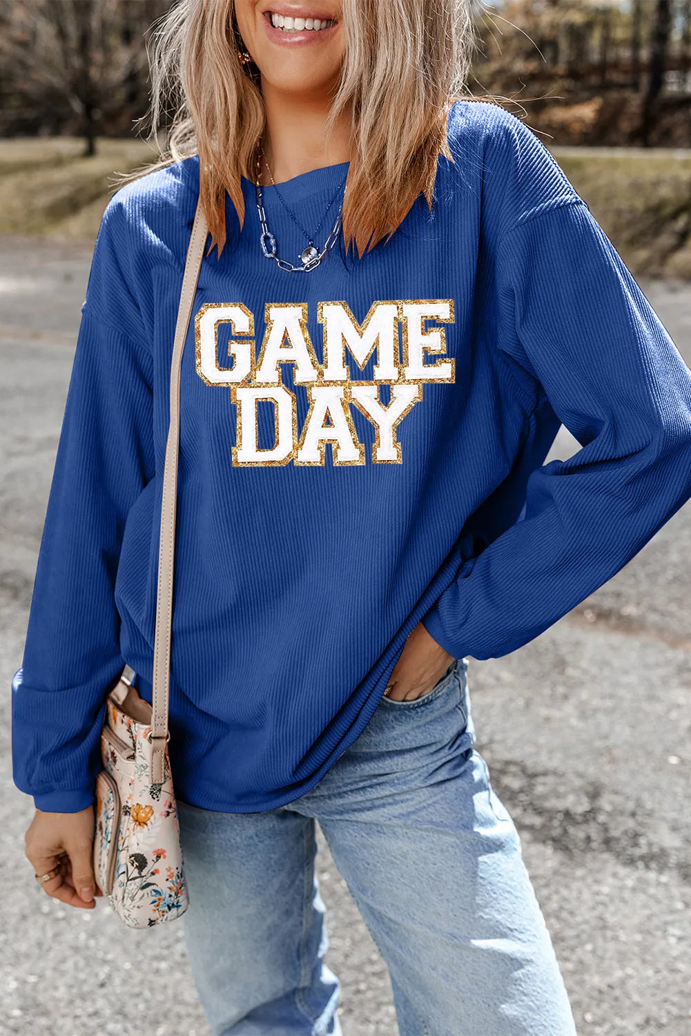 GAME DAY Round Neck Long Sleeve Sweatshirt Shirts & Tops Krazy Heart Designs Boutique Peacock  Blue S 