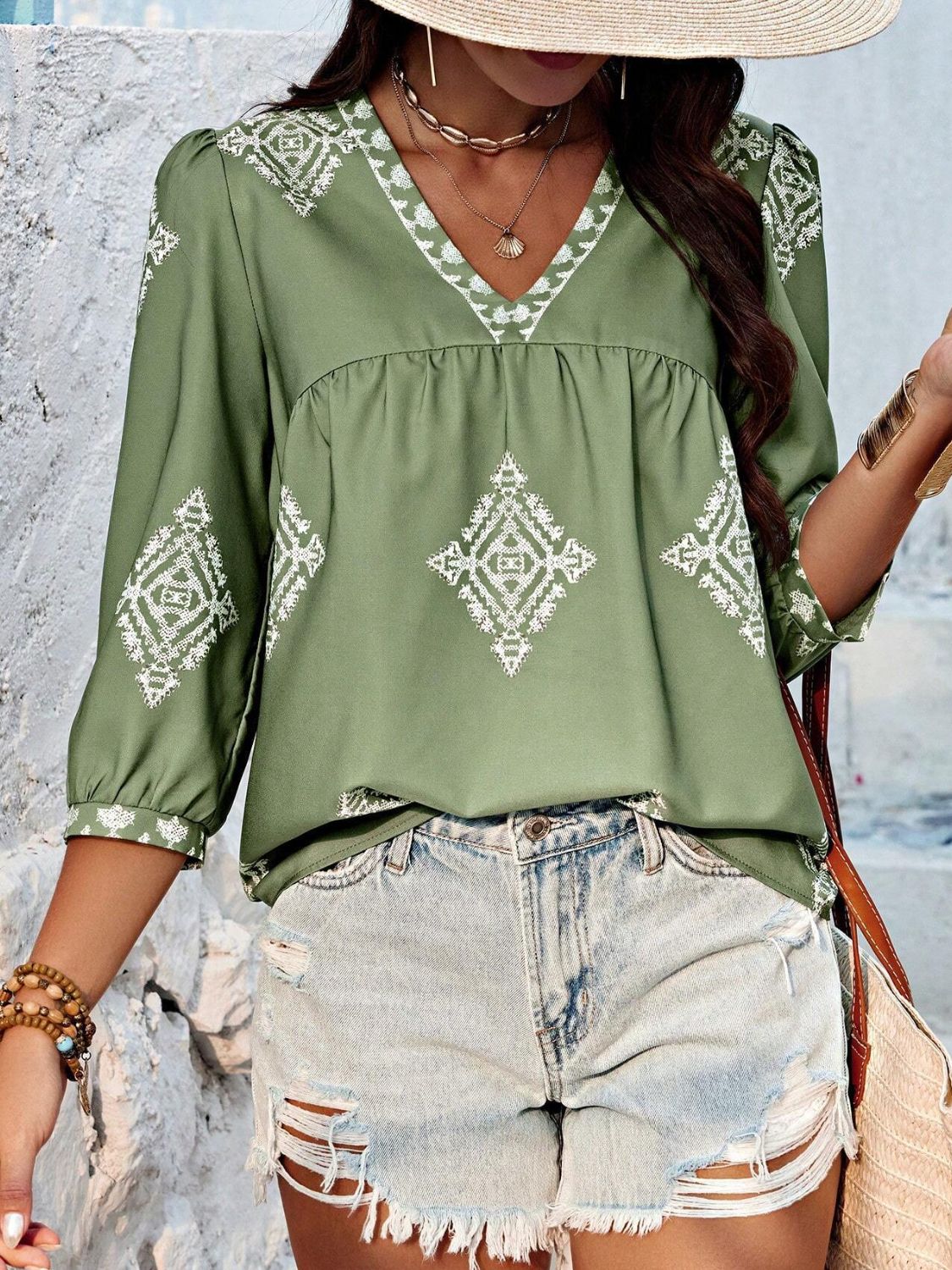 Printed V-Neck Three-Quarter Sleeve Blouse (6 Colors) Shirts & Tops Krazy Heart Designs Boutique Matcha Green S 