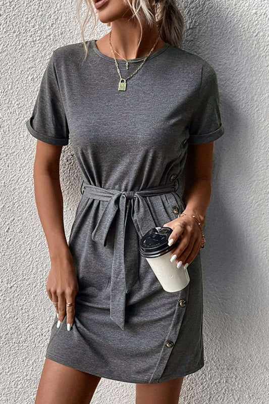 Decorative Button Tie-Waist Cuffed Sleeve Tee Dress  Krazy Heart Designs Boutique Dark Gray S 