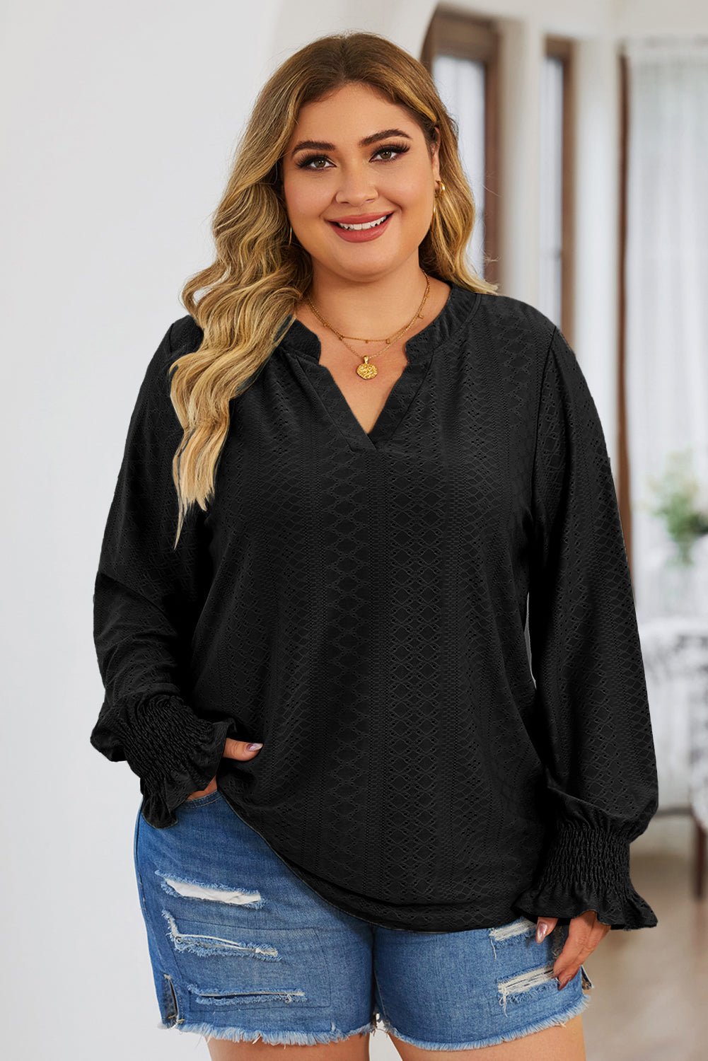 Plus Size Eyelet Notched Flounce Sleeve Blouse (4 Colors) Shirts & Tops Krazy Heart Designs Boutique Black 1XL 