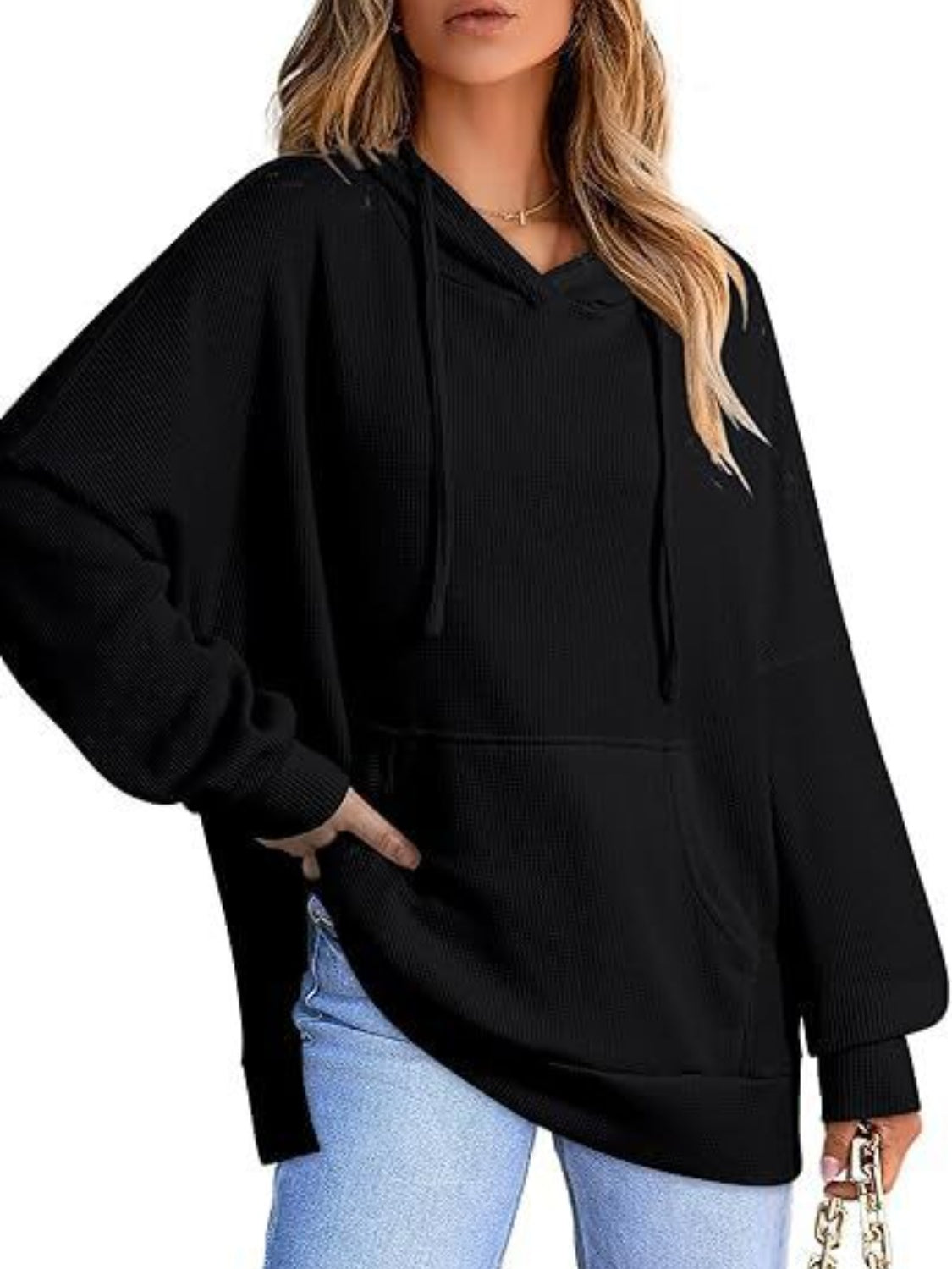 Kangaroo Pocket Drawstring Slit Long Sleeve Hoodie (6 Colors) hoodie Krazy Heart Designs Boutique Black S