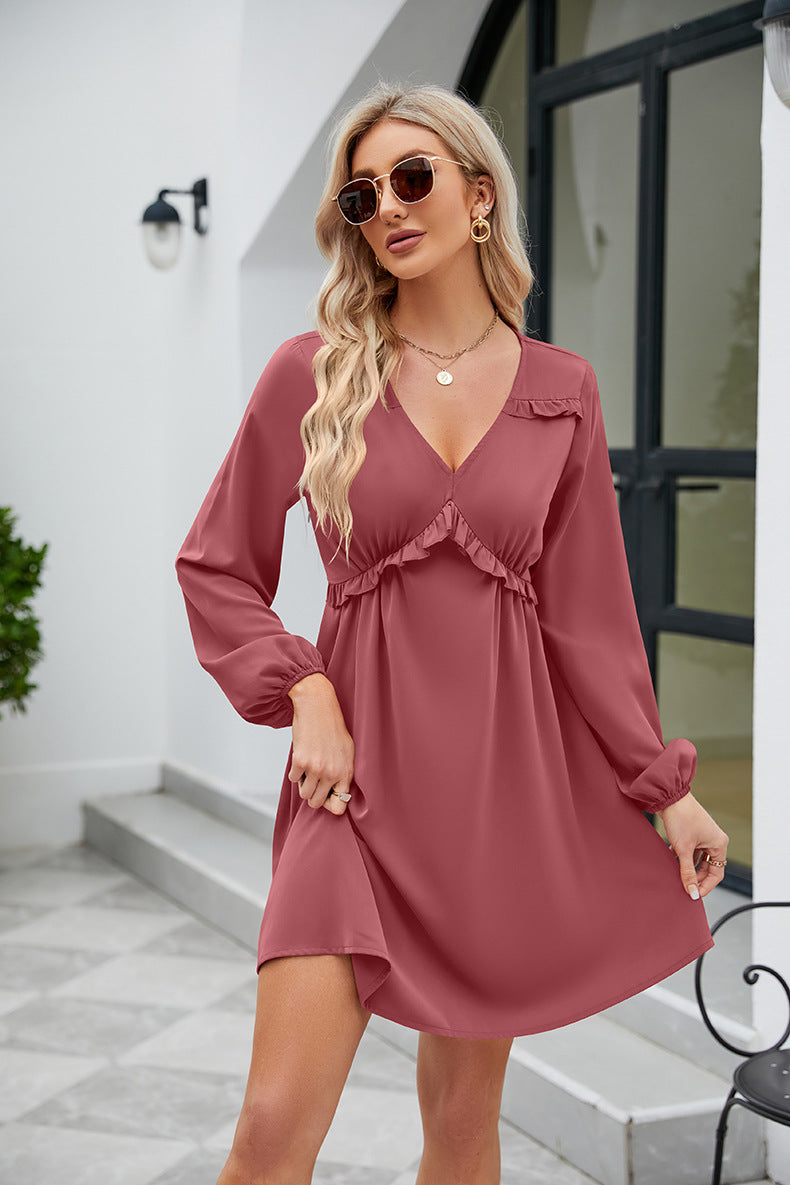 Frill Trim V-Neck Long Sleeve Dress (5 Colors) Dress Krazy Heart Designs Boutique Dusty Pink S 