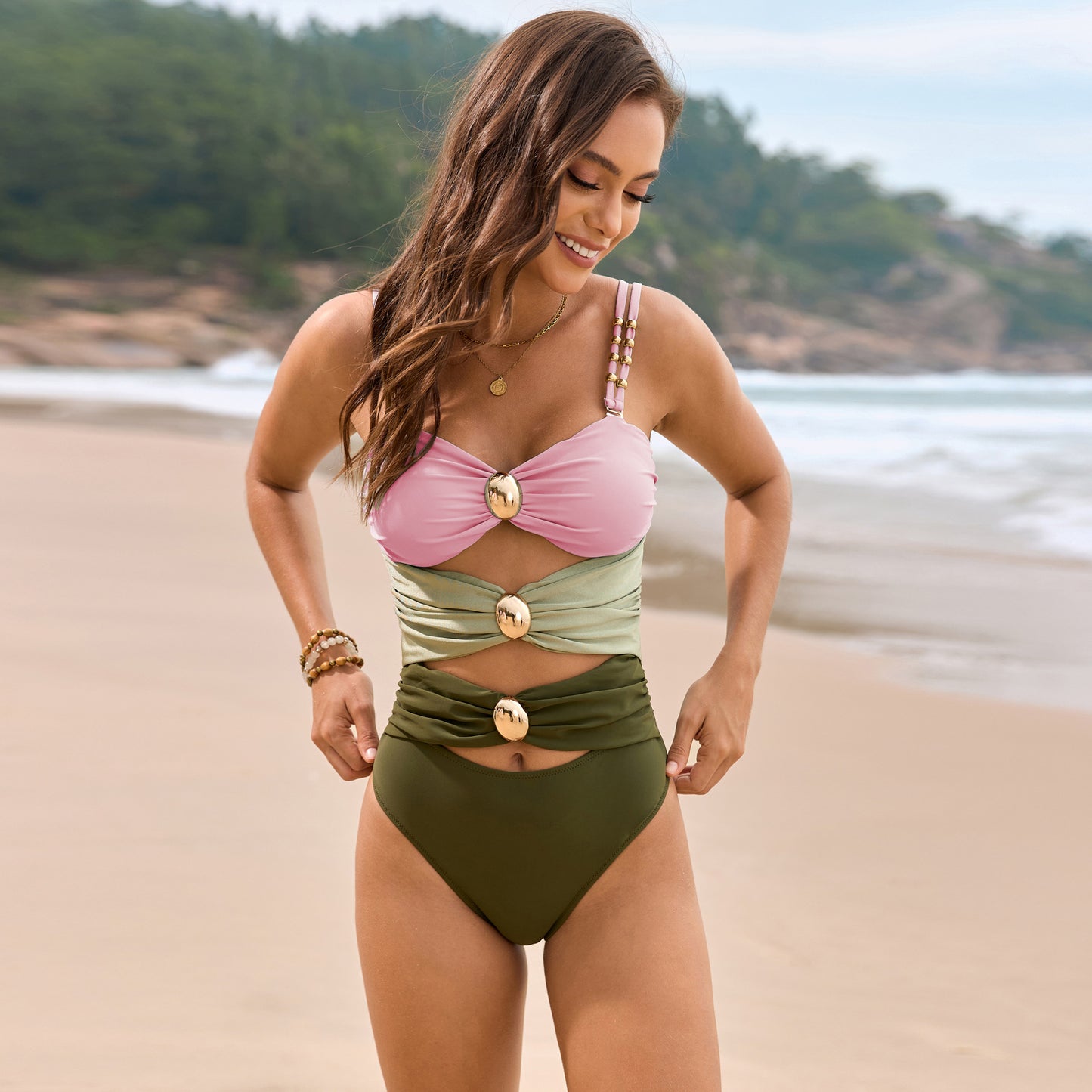 Color Block Sweetheart Neck One-Piece Swimwear (4 Colors) swimwear Krazy Heart Designs Boutique Blush Pink L