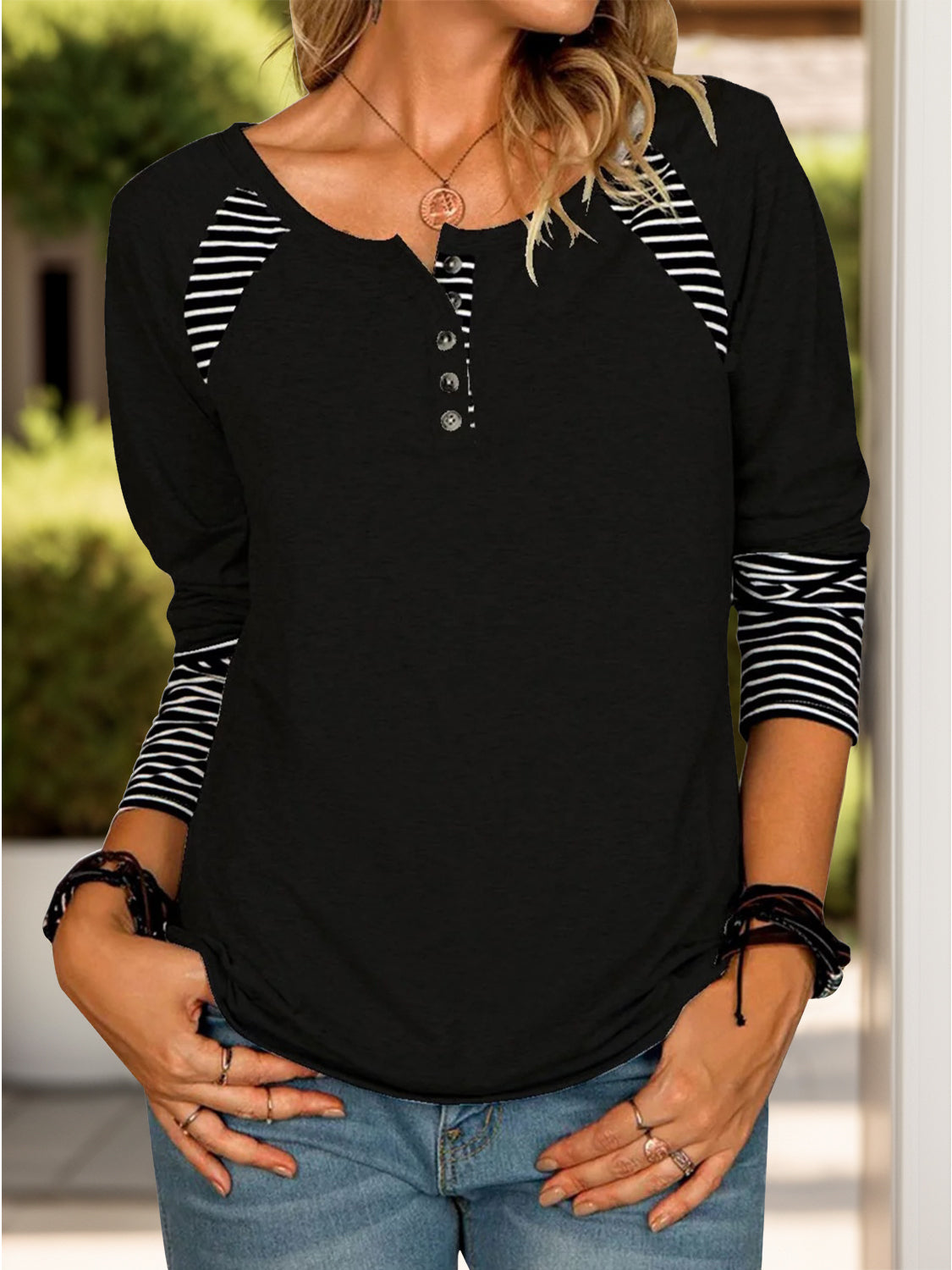 Full Size Striped Quarter Button Long Sleeve Top (6 Colors) Shirts & Tops Krazy Heart Designs Boutique Black S 