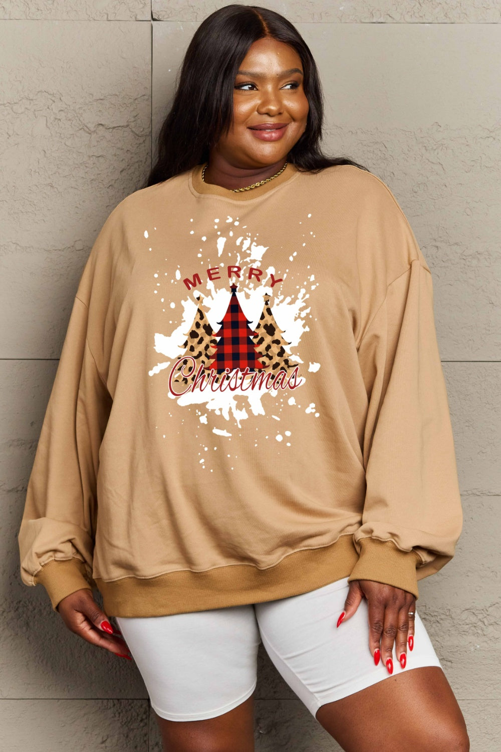 Simply Love Full Size MERRY CHRISTMAS Graphic Sweatshirt (3 Colors) Shirts & Tops Krazy Heart Designs Boutique Tan S 