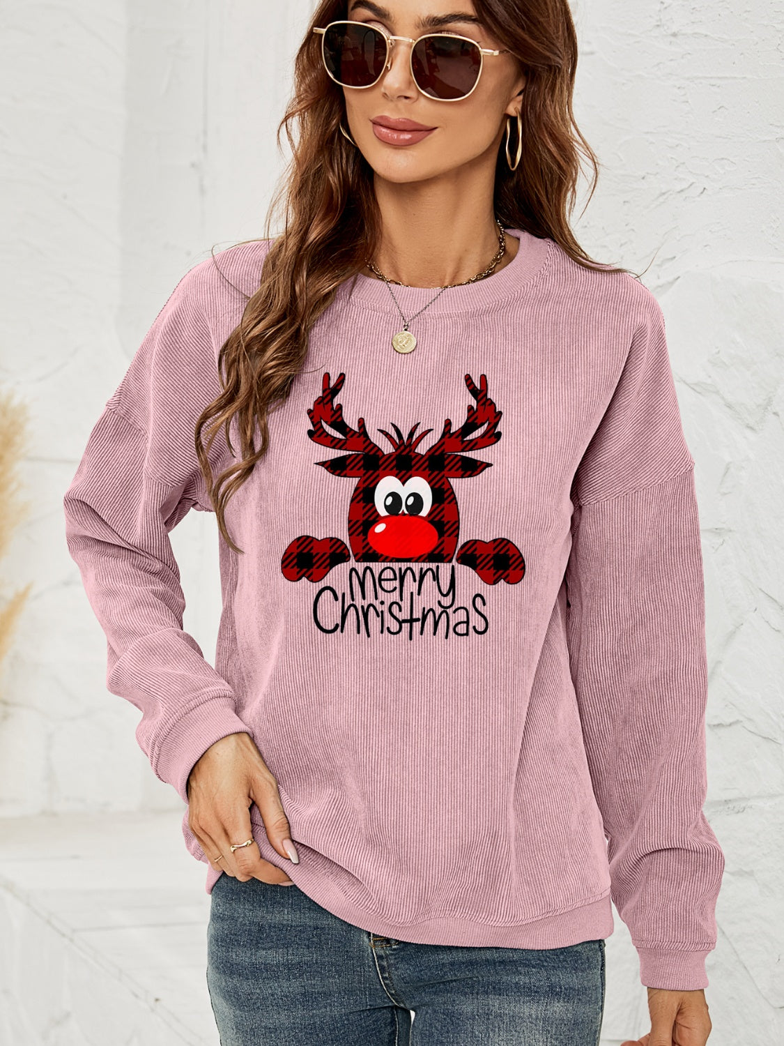 MERRY CHRISTMAS Reindeer Ribbed Sweatshirt Shirts & Tops Krazy Heart Designs Boutique Dusty Pink S 