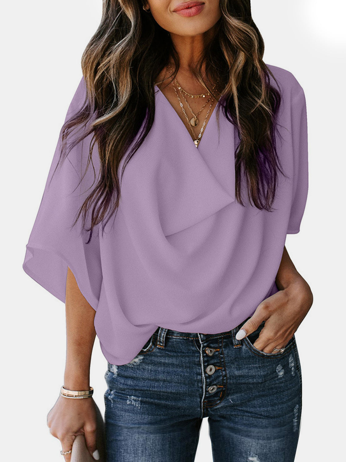 Full Size Cowl Neck Three-Quarter Sleeve Blouse (7 Colors) Shirts & Tops Krazy Heart Designs Boutique Lavender S 