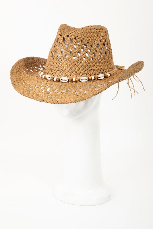 Fame Cowrie Shell Beaded String Straw Hat hat Krazy Heart Designs Boutique TA One Size 