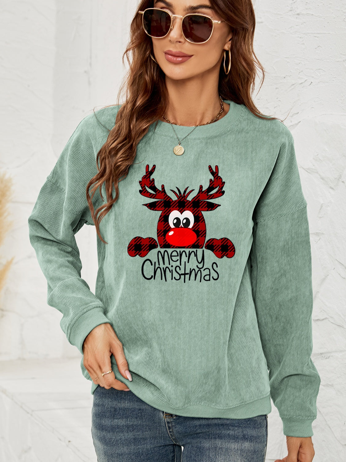 MERRY CHRISTMAS Reindeer Ribbed Sweatshirt Shirts & Tops Krazy Heart Designs Boutique Sage S 