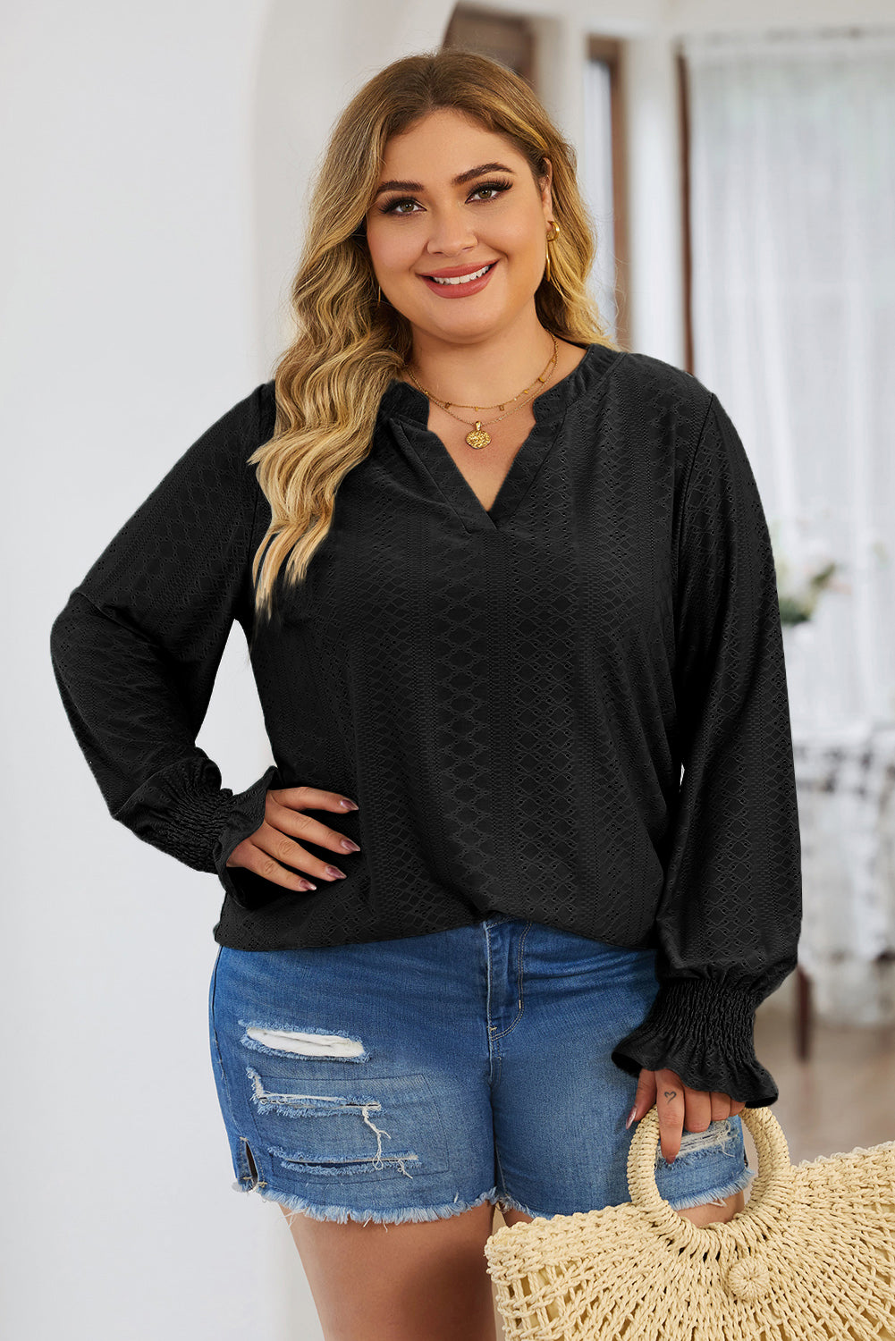 Plus Size Eyelet Notched Flounce Sleeve Blouse (4 Colors) Shirts & Tops Krazy Heart Designs Boutique   