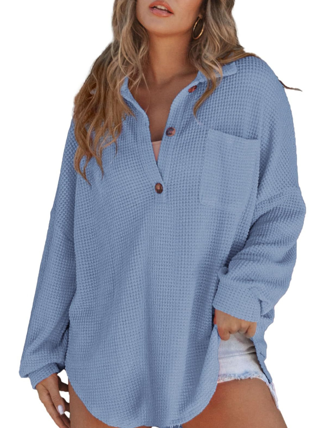 Waffle-Knit Dropped Shoulder Long Sleeve Sweatshirt (5 Colors) Shirts & Tops Krazy Heart Designs Boutique   