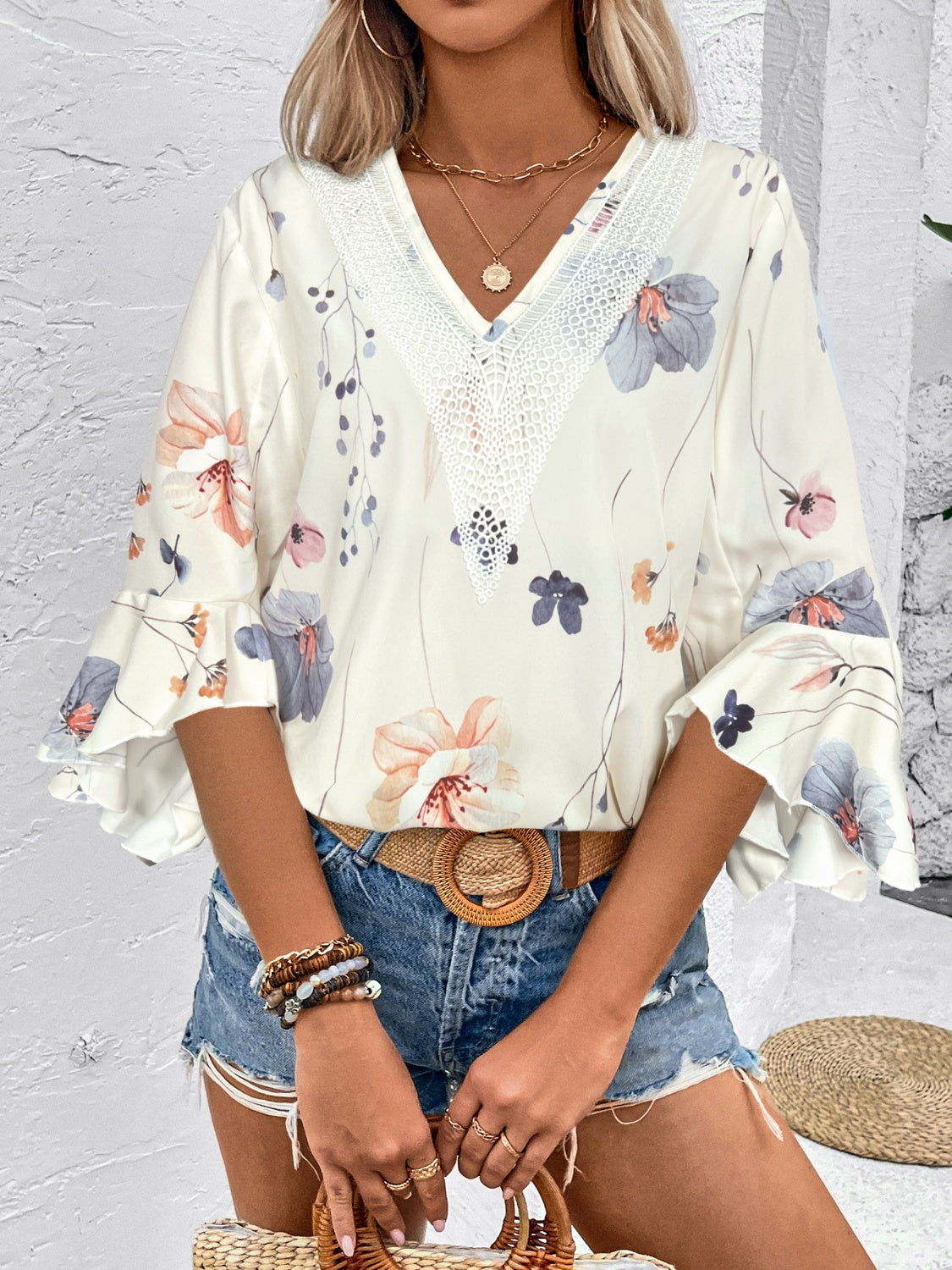 Honey Ruffled Printed V-Neck Half Sleeve Blouse (4 Print Colors) Shirts & Tops Krazy Heart Designs Boutique   