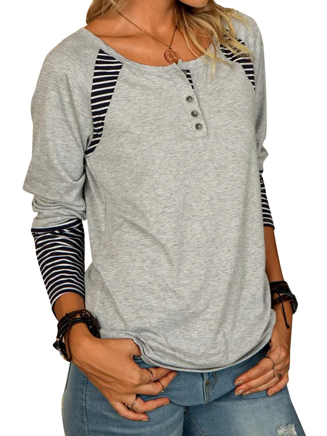 Full Size Striped Quarter Button Long Sleeve Top (6 Colors) Shirts & Tops Krazy Heart Designs Boutique   