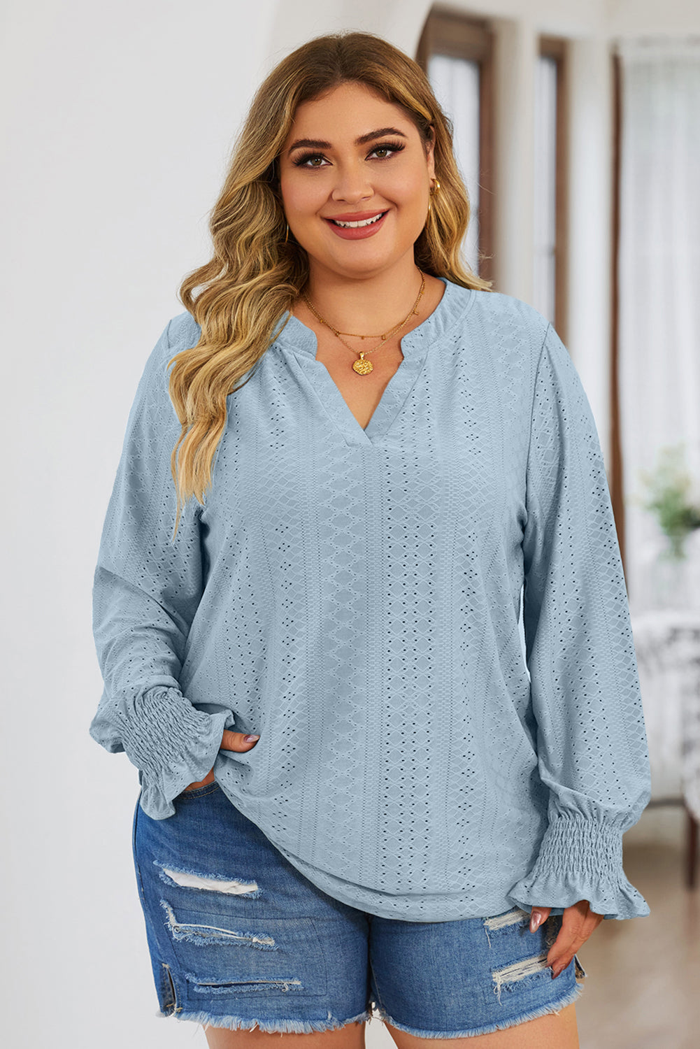 Plus Size Eyelet Notched Flounce Sleeve Blouse (4 Colors) Shirts & Tops Krazy Heart Designs Boutique Light Blue 1XL 