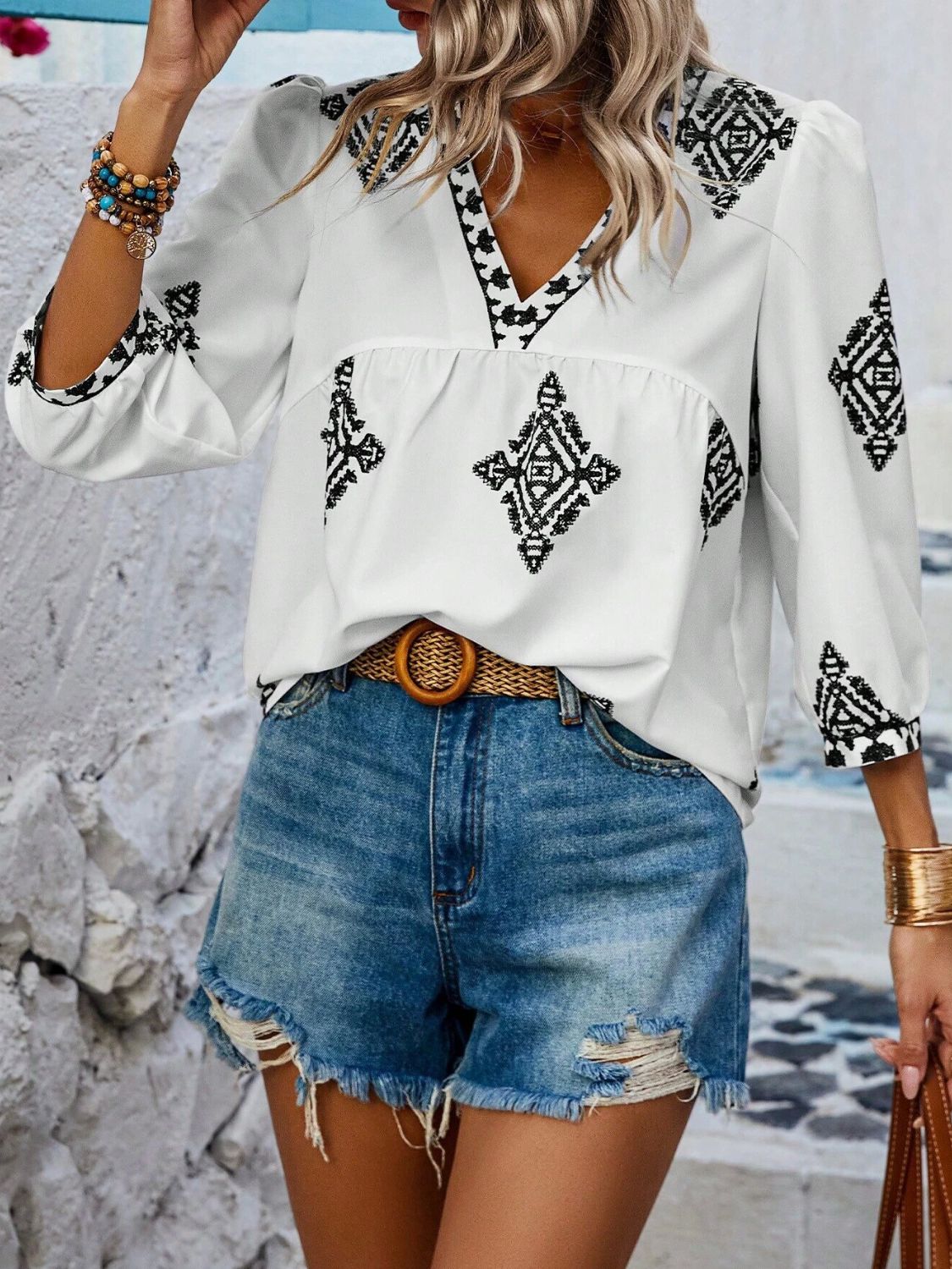 Printed V-Neck Three-Quarter Sleeve Blouse (6 Colors) Shirts & Tops Krazy Heart Designs Boutique   