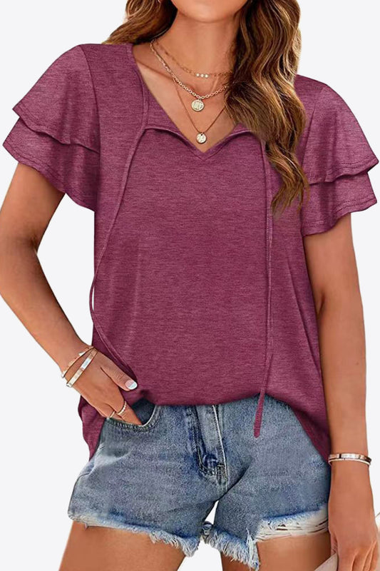 Tie-Neck Layered Flutter Sleeve Blouse Shirts & Tops Krazy Heart Designs Boutique Wine S 