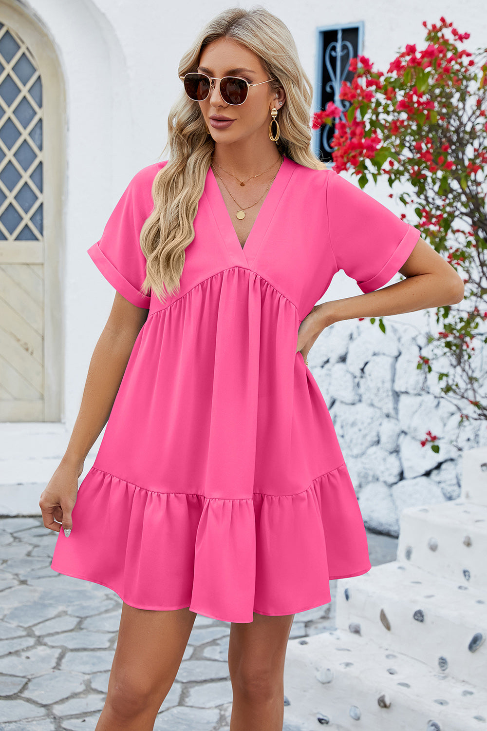 Ruched Tiered V-Neck Short Sleeve Mini Dress (5 Colors) Dress Krazy Heart Designs Boutique Hot Pink S 