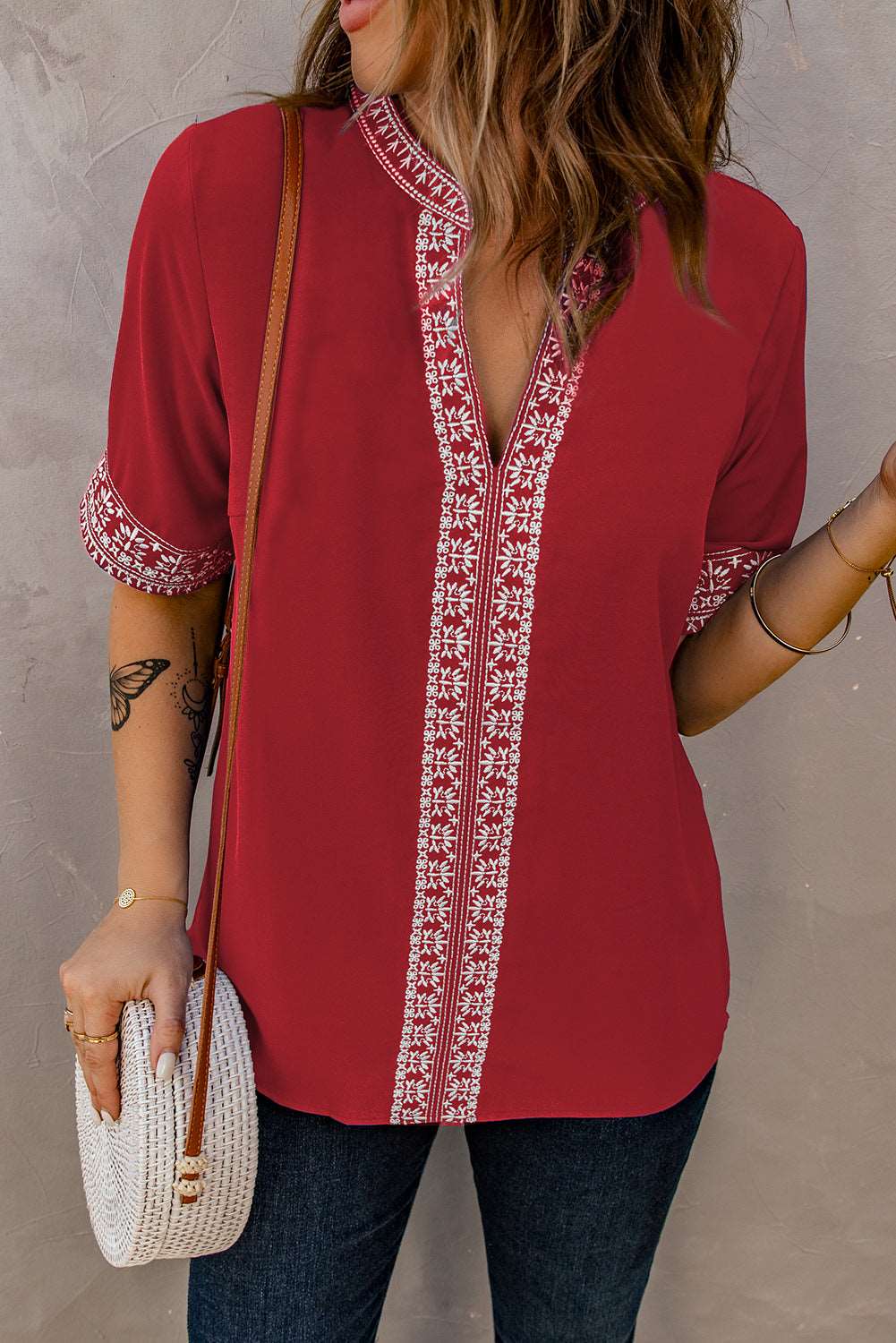 Embroidered V-Neck Top (3 Colors)  Krazy Heart Designs Boutique Red S 
