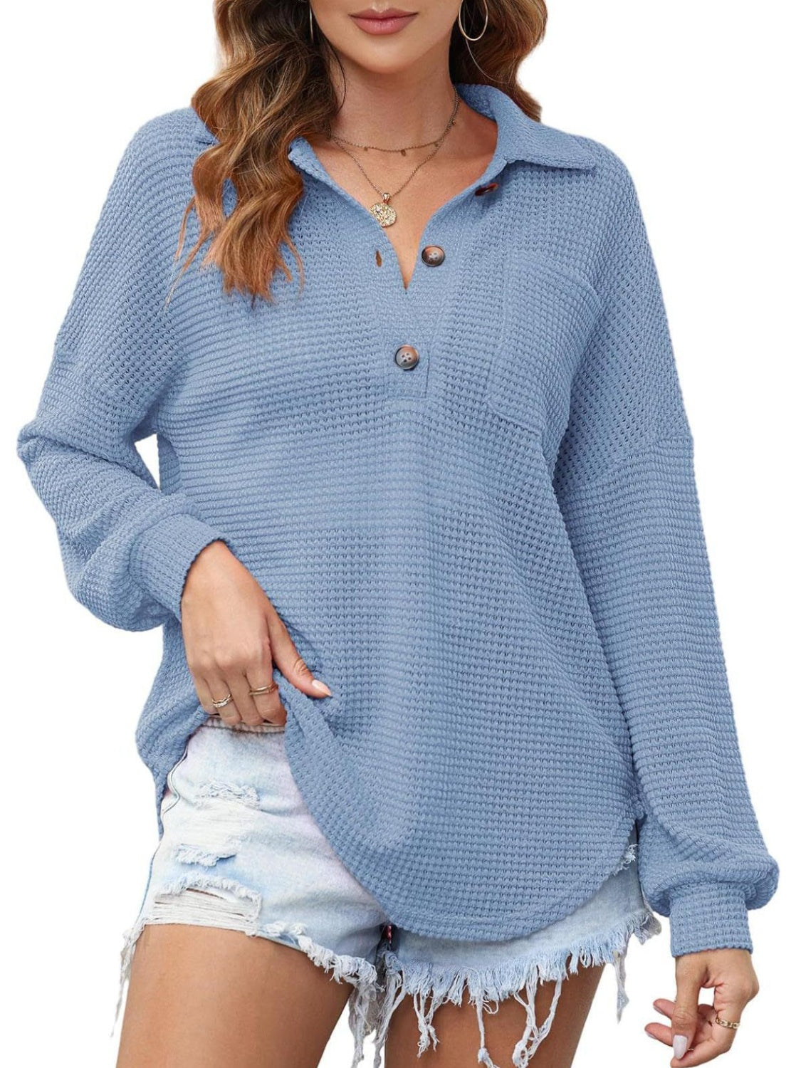 Waffle-Knit Dropped Shoulder Long Sleeve Sweatshirt (5 Colors) Shirts & Tops Krazy Heart Designs Boutique Dusty Blue S 