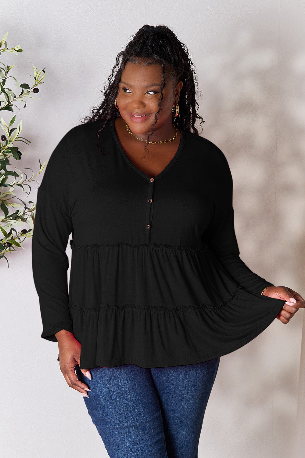 Double Take Half Button Long Sleeve Ruffle Hem Blouse (7 Colors) Shirts & Tops Krazy Heart Designs Boutique Black S 